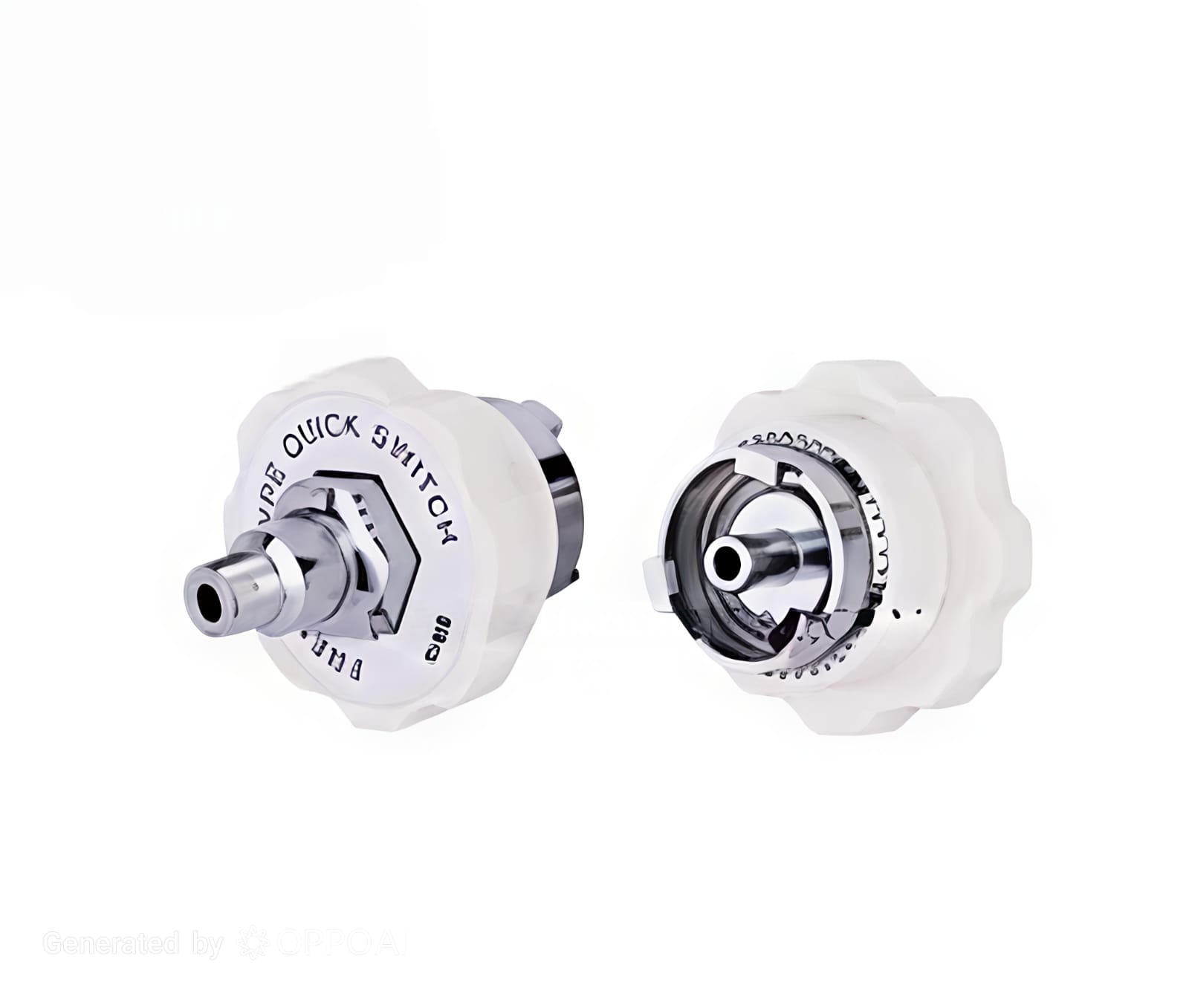 Two white plastic rotary knobs with metal shafts protruding, likely parts of a quick-release fastening system.
