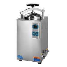 Portable stainless steel autoclave on caster wheels with a digital control panel for sterilization.