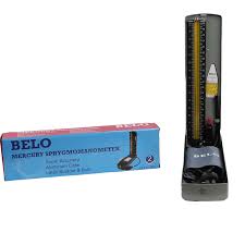 Box labeled Belo Mercury Sphygmomanometer beside a tall, upright blood pressure monitor.