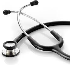 Stethoscope with black earpieces and silver tubing on a white background, a medical tool for listening to heart and lung sounds.