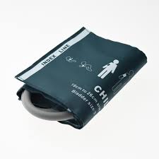Blue blood pressure cuff with attached tubing, folded on a white background.