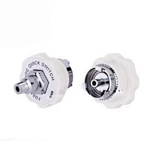 Two white plastic mechanical knobs with metal shafts, positioned facing opposite directions against a white background.