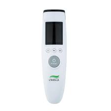 White handheld pulse oximeter with rectangular screen and circular control button area.