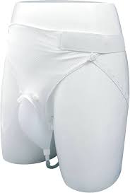 White athletic groin protector (cup) worn in protective underwear, front view
