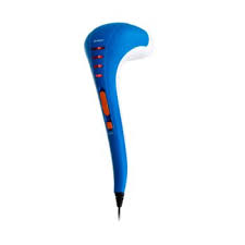 Blue ergonomic 3D printing pen with red control buttons along the side and a black nozzle tip.