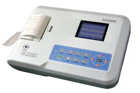 Compact medical analyzer with integrated printer, blue keypad, and small display showing a waveform.