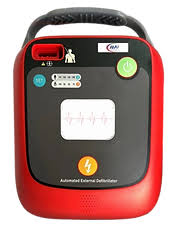 Red portable automated external defibrillator (AED) with black front panel and a top handle, ready for emergency use.