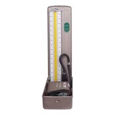 Vintage handheld measuring tool featuring a long vertical ruler inside a metal case, with a sliding scale and a cord or lever at the base.