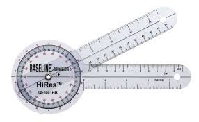 Circular protractor with integrated ruler and straightedge; Baseline HiRes branding visible on the tool.
