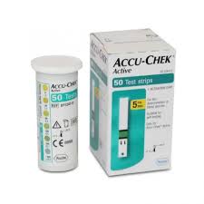 Box and bottle of Accu-Chek Active 50 test strips for blood glucose monitoring, shown in white and teal packaging.