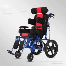 Blue manual wheelchair with red and black padded cushions, headrest, and footrests for mobility support.