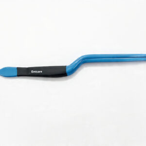 Dual-ended dental tool with a blue and black handle; one end has a twisted wire tip, the other end has small tweezer-like prongs (Emicare)
