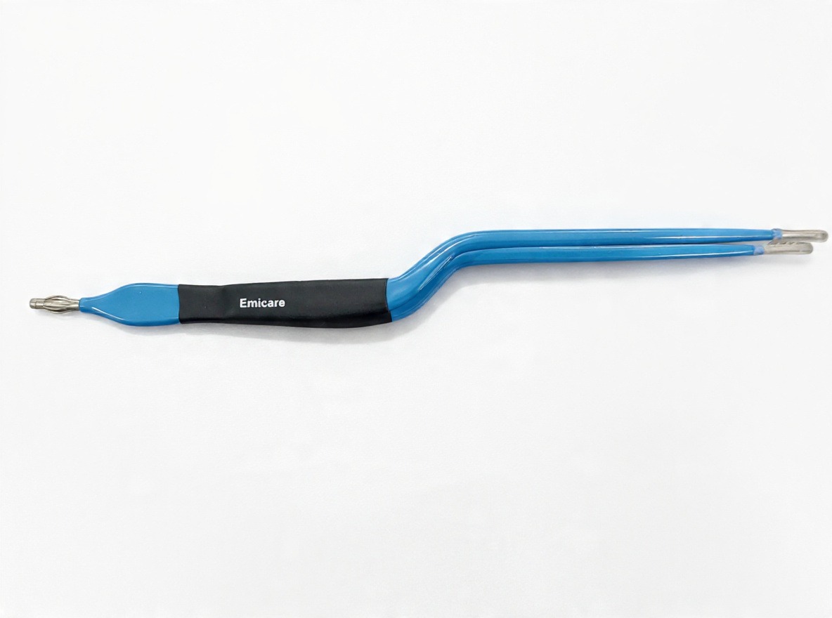 Dual-ended dental tool with a blue and black handle; one end has a twisted wire tip, the other end has small tweezer-like prongs (Emicare)