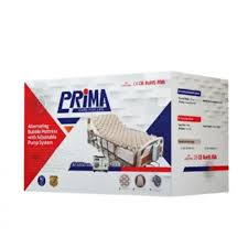 Prima brand product box with blue-red geometric design, featuring an illustration of a beige sofa and product details on the side (packaging for furniture item).