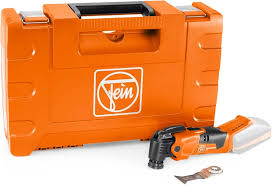 Orange Fein tool case beside a small cordless oscillating multi-tool with a blade attachment and accessory.