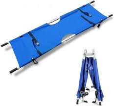 Blue foldable rescue stretcher with handles and straps for patient transport.