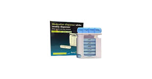 Blue and white weekly medication dispenser with multiple labeled drawers shown beside its packaging box.