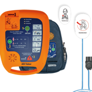 Screenshot 2026-08-23 160613 – مصر ميديكال AED trainer device in bright orange with blue instructional panels and a blue carrying backpack, used for CPR/defibrillator training.