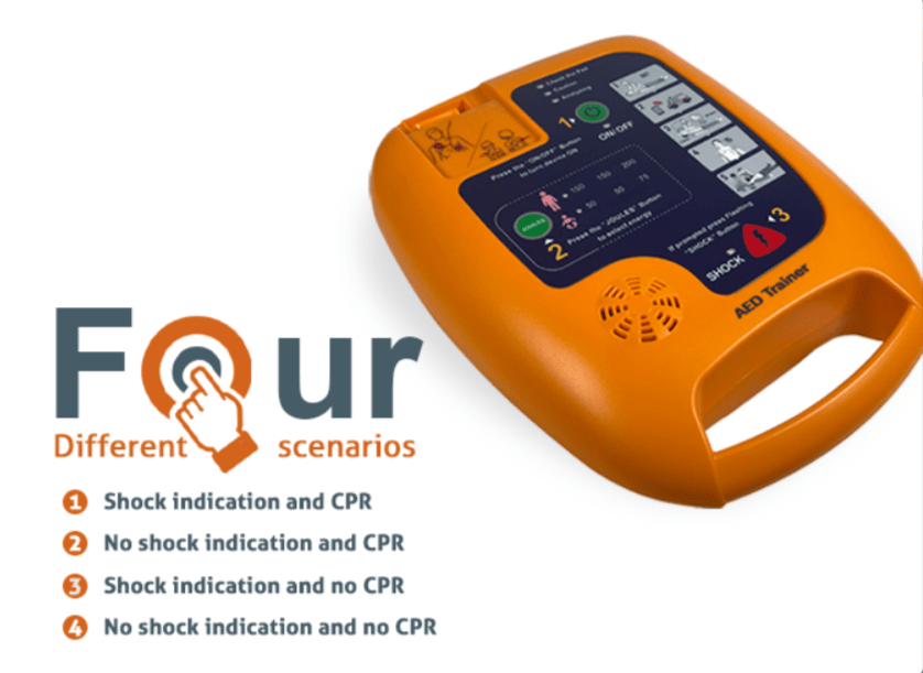 Screenshot 2026-08-23 160756 – مصر ميديكال Orange AED trainer device labeled 'Four Different Scenarios' with a four-item list: 1) Shock indication and CPR, 2) No shock indication and CPR, 3) Shock indication and no CPR, 4) No shock indication and no CPR.