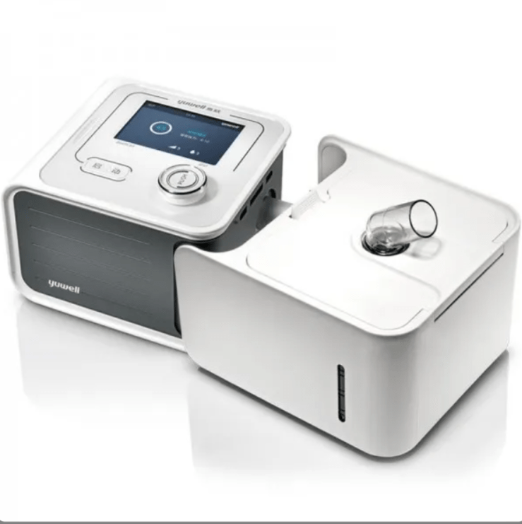 Screenshot 2026-08-23 170831 – مصر ميديكال Compact home respiratory therapy device with touchscreen display and a detachable humidifier reservoir on a separate unit.