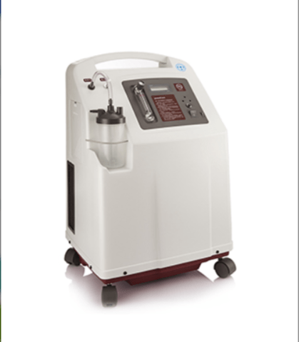 Portable medical oxygen concentrator on wheels with a control panel and an attached humidifier bottle.
