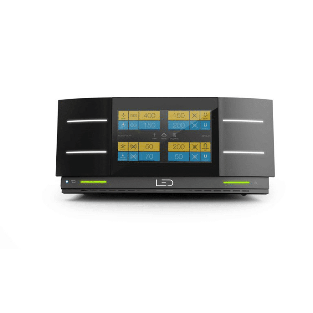 Industrial LED control panel with a central touchscreen displaying yellow and blue data panels on a black console with side panels and green indicator lights