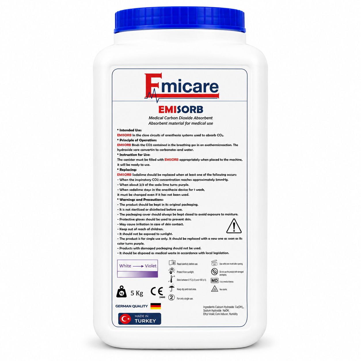 White plastic canister bottle containing EMISORB medical CO2 absorbent with blue cap; labeled 5 kg, Turkish-made.