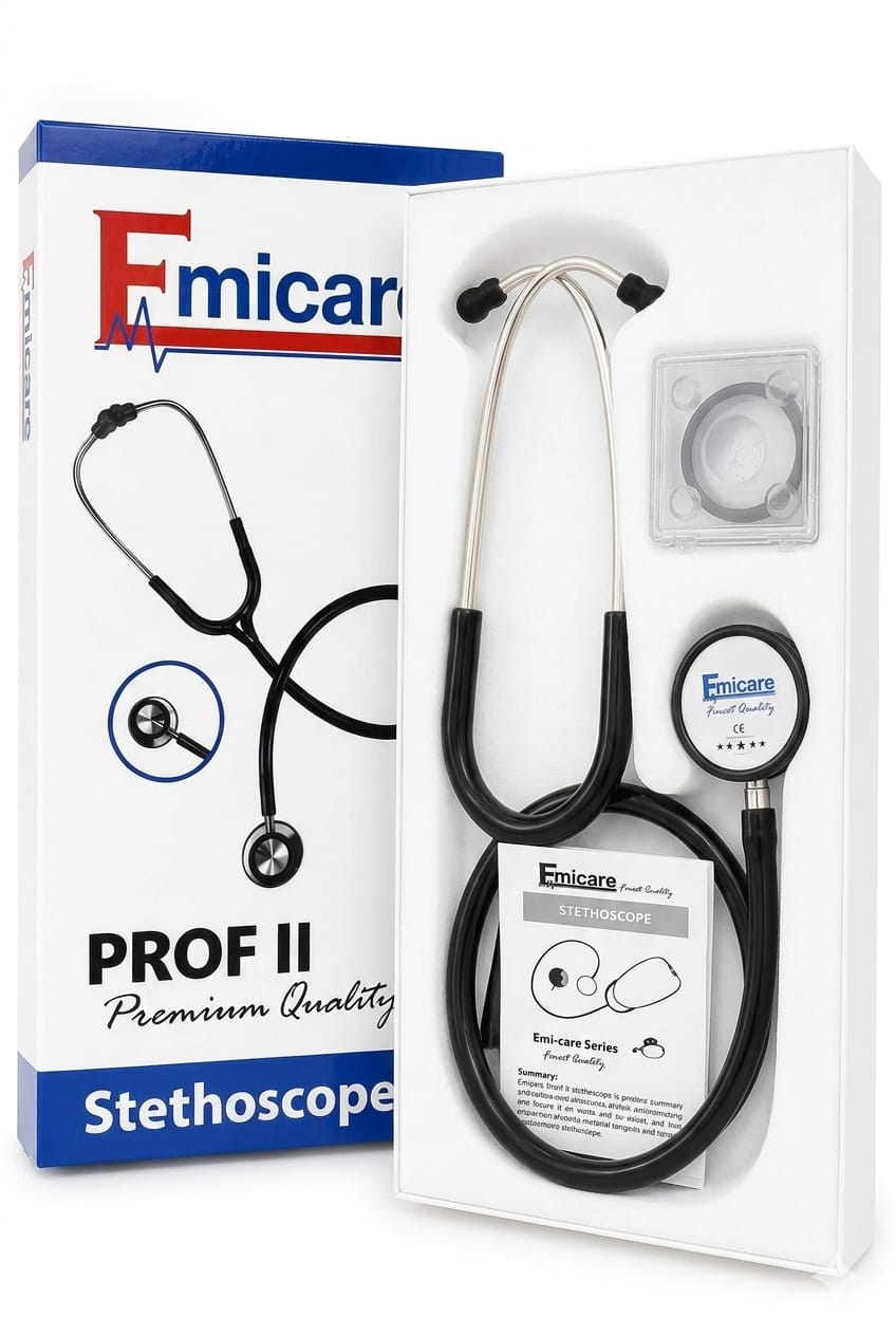 سماعة طبيب Emicare Prof II من إيميكير، مصممة للاستخدام الطبي اليومي، وتوفر تجربة استماع واضحة ومريحة أثناء الفحص. مناسبة للأطباء وطلاب الطب والتمريض والممارسين الصحيين.